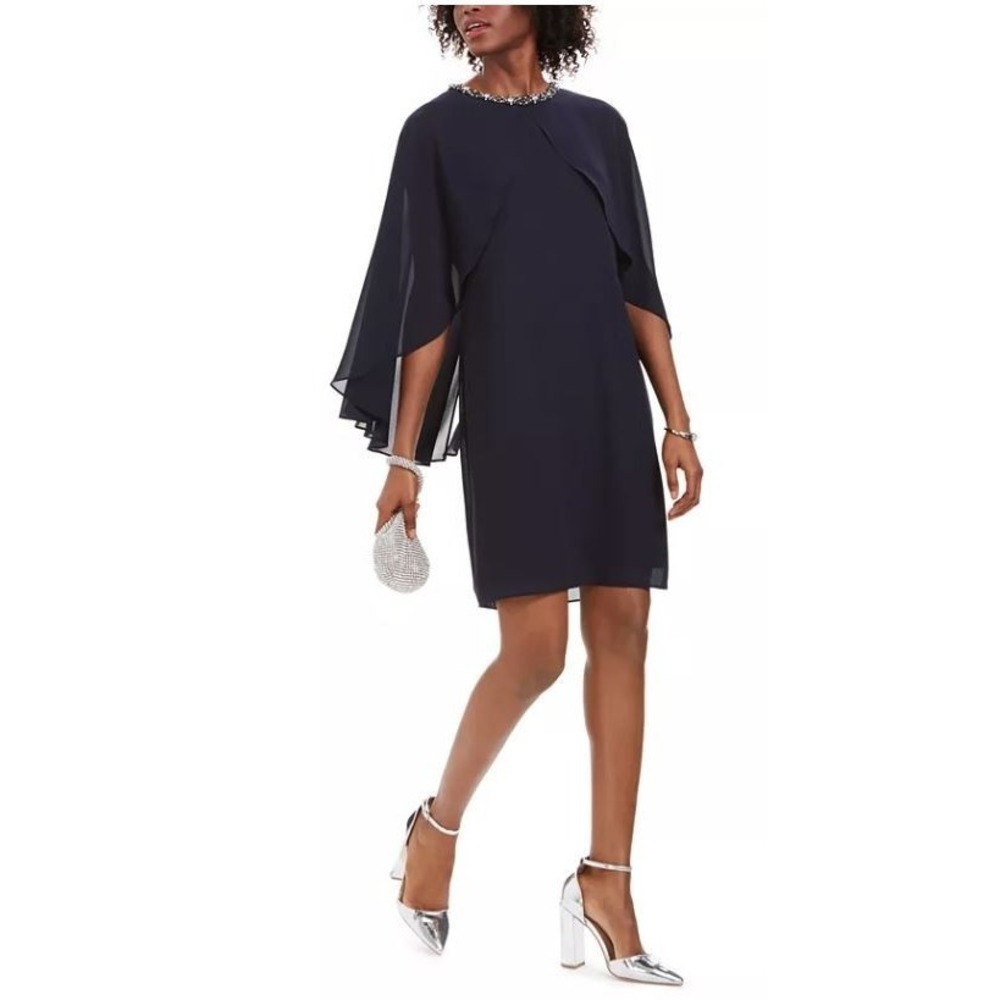 Vince Camuto Women's Embellished Neckline Chiffon Capelet Dress in Navy Size 2